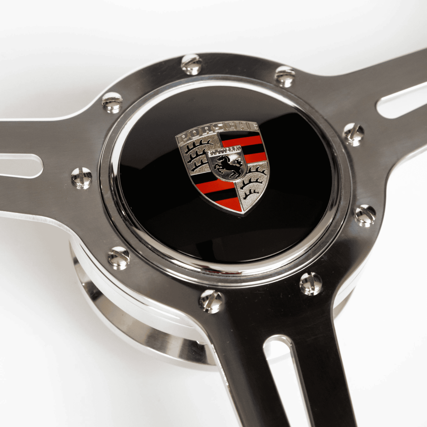 Porsche steering wheel boss hub front view designed for OEM Porsche horn button fitment