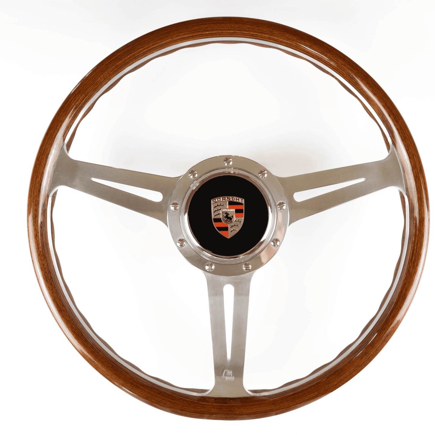 Porsche steering wheel boss hub with steering wheel fitted showing OEM horn button compatibility and installed cockpit view